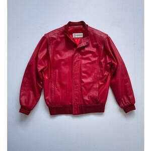 Vtg 80s Red Deerskin Leather Bomber Jacket · Lined Zip Up Oversized · Thriller
